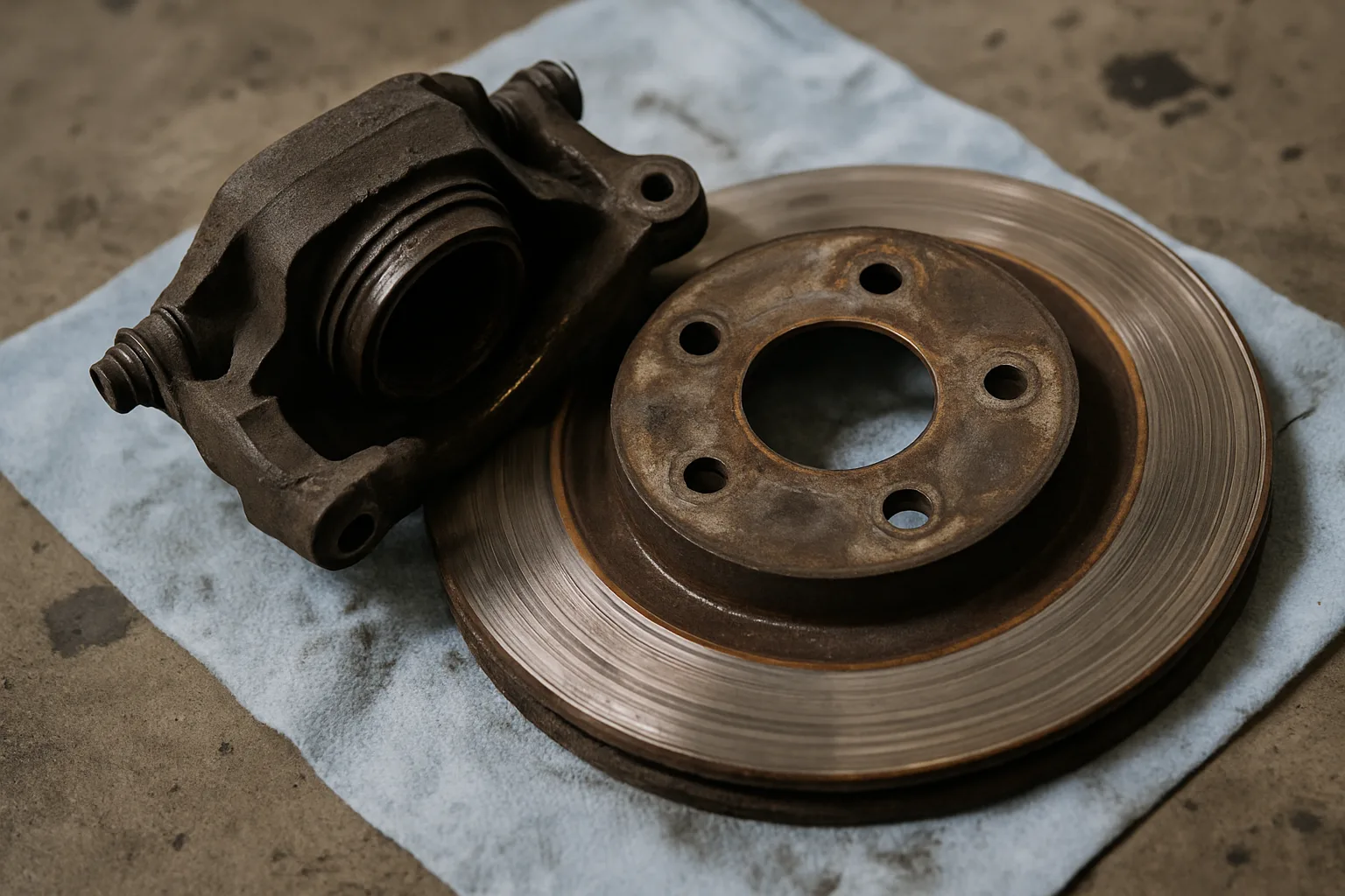 Brake assembly detail on work surface.