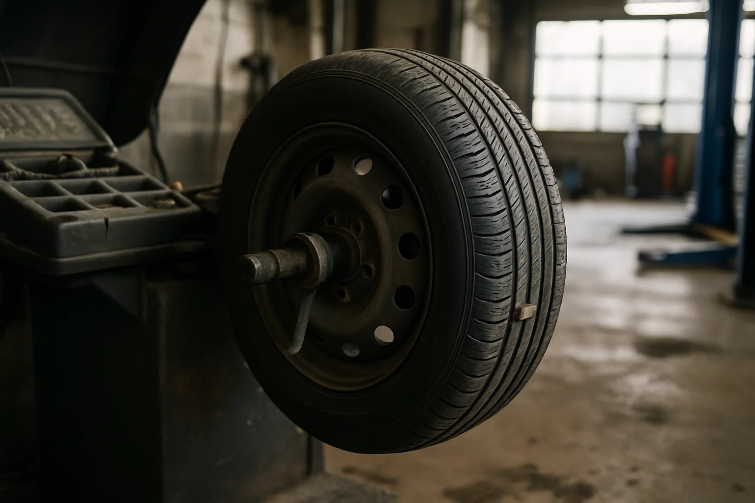 Tire on balancing equipment in repair bay.