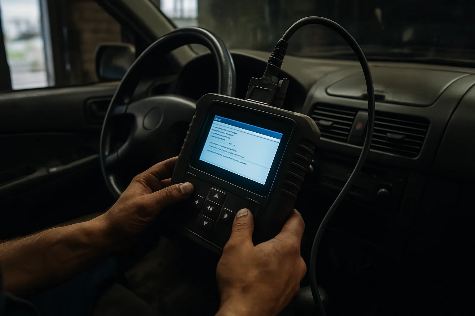 Diagnostic scanner connected to vehicle electronics.